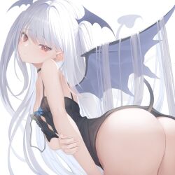 Rule 34 | 1girl, ass, ass focus, black nightgown, breasts, demon girl, demon tail, demon wings, eyes visible through hair, head tilt, long hair, looking at viewer, nightgown, original, shinigami (tukiyomiikuto), simple background, small breasts, tail, white background, white hair, wings