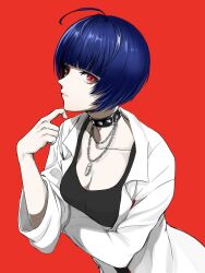 Rule 34 | 1girl, black choker, black tank top, blue hair, blunt bangs, breasts, choker, cleavage, closed mouth, coat, eyelashes, highres, igusaharu, jewelry, lab coat, looking at viewer, medium breasts, necklace, open clothes, open coat, persona, persona 5, red background, short hair, simple background, solo, studded choker, takemi tae, tank top, upper body, white coat