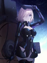 Rule 34 | 1girl, armor, armored dress, black-framed eyewear, breasts, cleavage, fate/grand order, fate (series), fur-trimmed gloves, fur-trimmed legwear, fur trim, gloves, headpiece, highres, holding, holding shield, large breasts, light purple hair, looking at viewer, mash kyrielight, official alternate costume, purple eyes, shield, short hair, sky, solo, star (sky), starry sky, tamitami