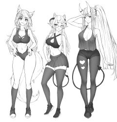 Rule 34 | 3girls, anntan (vtuber), breasts, captain hannah, cleavage, clothing cutout, collarbone, greyscale, hair horns, hands on own hips, heart cutout, highres, horns, indie virtual youtuber, jin grey paladin, large breasts, long hair, long pointy ears, looking at viewer, looking to the side, midriff, monochrome, multiple girls, nail polish, navel, oni horns, pants, pantyhose, plunging neckline, pointy ears, ponytail, salute, silvervale, skirt, smile, sports bra, thighhighs, very long hair, virtual youtuber, vshojo, yoga pants