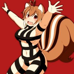 Rule 34 | 1girl, absurdres, animal ears, antenna hair, arms up, blazblue, blush, breasts, brown eyes, brown hair, buck teeth, curvy, highres, large breasts, makoto nanaya, mirano, navel, plump, red background, red eyes, revealing clothes, short hair, sideboob, solo, squirrel ears, squirrel tail, t.m.revolution, tail, teeth