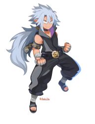 Rule 34 | 1boy, absurdres, aged up, anini, bandaged arm, bandages, belt, black pants, clenched hands, demon boy, disgaea, feet, fingerless gloves, fingernails, full body, gloves, hair between eyes, highres, long hair, looking at viewer, makai senki disgaea 5, male focus, muscular, muscular male, pants, pointy ears, ponytail, sandals, sleeveless, smile, toenails, toes, werewolf, white background, white hair, yellow eyes, zeroken (disgaea)