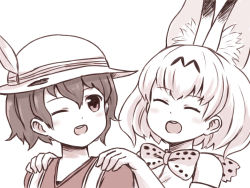 Rule 34 | 10s, 2girls, :d, ;d, ^ ^, batta (ijigen debris), bow, bowtie, closed eyes, elbow gloves, extra ears, closed eyes, facing another, gloves, hands on another&#039;s shoulders, hat, hat feather, kaban (kemono friends), kemono friends, looking at another, multiple girls, muted color, one eye closed, open mouth, print neckwear, serval (kemono friends), serval print, short hair, simple background, smile, upper body, white background