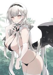 Rule 34 | 1girl, absurdres, alternate costume, azur lane, bikini, black bikini, black wings, blunt bangs, breasts, cleavage, commentary request, commission, cowboy shot, cross-shaped pupils, elbow gloves, feathered wings, flower, frills, gloves, grey hair, hair flower, hair ornament, highres, komegoma505, large breasts, leaf, light blush, long hair, looking at viewer, maid, maid headdress, outdoors, red eyes, scylla (azur lane), skeb commission, smile, solo, swimsuit, symbol-shaped pupils, thighhighs, thighs, very long hair, white gloves, white thighhighs, wings