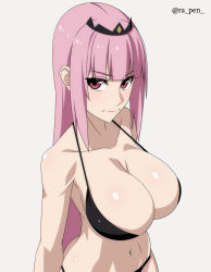 Rule 34 | 1girl, artist name, bare shoulders, bikini, black bikini, breasts, cleavage, closed mouth, collarbone, grey background, highres, hololive, hololive english, large breasts, long hair, looking at viewer, mori calliope, navel, pink eyes, pink hair, ra-pen, simple background, skindentation, solo, standing, swimsuit, tiara, twitter username, virtual youtuber
