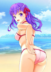 Rule 34 | 1girl, adjusting clothes, adjusting swimsuit, artist request, ass, bare shoulders, beach, bikini, blush, breasts, butt crack, embarrassed, fate/stay night, fate (series), from behind, hair ribbon, highres, long hair, looking at viewer, matou sakura, medium breasts, open mouth, purple eyes, purple hair, ribbon, shiny skin, sideboob, smile, solo, sweatdrop, swimsuit