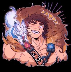 Rule 34 | 1boy, bare pectorals, blush, brown hair, chest harness, creature, cropped torso, fate/grand order, fate (series), feather boa, fou (fate), gameplay mechanics, harness, holy grail (fate), large pectorals, male focus, mature male, messy hair, muscular, muscular male, night27260, one eye closed, pectorals, short hair, smile, solo, super orion (fate), teeth, thick eyebrows