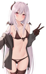 Rule 34 | 1girl, :/, bikini, blush, breasts, brown bikini, brown gloves, brown thighhighs, closed mouth, cowboy shot, embarrassed, front-tie bikini top, front-tie top, gloves, gluteal fold, grey hair, grey jacket, hand up, highres, horns, jacket, kamu (geeenius), long hair, looking at viewer, navel, open clothes, open jacket, original, pink eyes, simple background, small breasts, solo, swimsuit, thigh gap, thighhighs, v, very long hair, white background