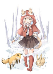 Rule 34 | 1girl, :o, animal, animal ear fluff, animal ears, bird, black skirt, bluebird, blush, boots, capelet, commentary request, ears through headwear, fox, frilled skirt, frills, fur-trimmed boots, fur trim, hair between eyes, hood, hood up, hooded capelet, knee boots, long hair, long sleeves, original, pink hair, pleated skirt, rabbit, red capelet, red footwear, shirt, skirt, snow, solo, tail, walking, wataame27, white background, white shirt, wolf-chan (wataame27), wolf ears, wolf girl, wolf tail, yellow eyes