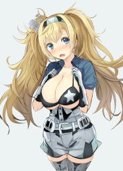 Rule 34 | 1girl, belt, blonde hair, blue eyes, blue shirt, blush, bra, breasts, cleavage, collared shirt, gambier bay (kancolle), gin&#039;ichi (akacia), gloves, hair between eyes, hairband, kantai collection, large breasts, long hair, open clothes, open mouth, open shirt, shirt, short sleeves, shorts, simple background, solo, thighhighs, twintails, underwear, white thighhighs