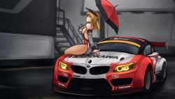 Rule 34 | 10s, 1girl, arceonn, bare shoulders, blonde hair, bmw, bmw z4, breasts, car, detached sleeves, from side, green eyes, hair ornament, hairclip, headgear, kantai collection, large breasts, long hair, motor vehicle, on vehicle, parasol, prinz eugen (kancolle), race queen, sideboob, sitting, smile, solo, umbrella, vehicle