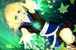 Rule 34 | 1girl, bad id, bad pixiv id, blonde hair, collarbone, danmaku, dutch angle, female focus, from above, green eyes, green theme, helichrysum, looking at viewer, lying, mizuhashi parsee, outstretched hand, parted lips, pointy ears, pov, short hair, short sleeves, solo, star (symbol), touhou, water, wet, wet hair