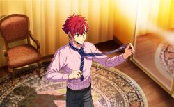 Rule 34 | 1boy, belt, buttons, carpet, chair, closed mouth, collared shirt, fingernails, green eyes, happy elements, helios rising heroes, highres, indoors, long sleeves, male focus, mirror, necktie, official art, otori akira, red hair, shirt, short hair, solo, striped clothes, striped necktie, striped shirt, third-party source, vertical-striped clothes, vertical-striped shirt