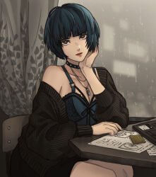 Rule 34 | 1girl, black coat, blue dress, blue hair, breasts, brown eyes, choker, cipcal, coat, dress, hand on own chin, highres, jewelry, legs, looking at viewer, medium breasts, necklace, persona, persona 5, shin megami tensei, takemi tae