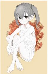 Rule 34 | 1girl, arm on knee, bare legs, barefoot, blush, body blush, border, breasts, camisole, character request, collarbone, colored skin, crossed ankles, crossed bangs, dot nose, film grain, full body, grey eyes, grey hair, grin, hair between eyes, highres, idolmaster, idolmaster cinderella girls, interlocked fingers, knees up, lnly mouse, medium breasts, medium hair, mole, mole under eye, no pants, orange background, parted hair, perky breasts, sharp teeth, sitting, smile, smirk, solo, spaghetti strap, teeth, thighs, twintails, white border, white camisole, white skin