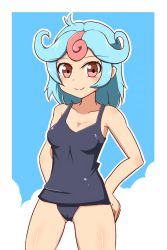Rule 34 | 1girl, arms behind back, blue hair, blush, breasts, cameltoe, closed mouth, hands on own hips, inazuma eleven (game), inazuma eleven (series), inazuma eleven go, masuko rara, multicolored hair, one-piece swimsuit, red eyes, red hair, shiny skin, small breasts, solo, swimsuit