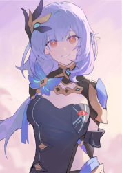 Rule 34 | 1girl, absurdres, arms behind back, black shirt, blue hair, breasts, elbow gloves, elysia (honkai impact), elysia (miss pink elf) (honkai impact), gloves, grin, hair ornament, highres, honkai (series), honkai impact 3rd, large breasts, long hair, looking at viewer, pointy ears, red eyes, remy5621, shirt, shrug (clothing), smile, solo, upper body, yellow pupils