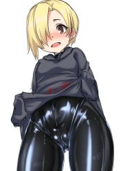 Rule 34 | 10s, 1girl, :d, ayuayu (shouyu no sato), black bodysuit, blonde hair, blush, bodysuit, cameltoe, clothes lift, covered navel, cowboy shot, earrings, from below, gluteal fold, grey hoodie, hair over one eye, hands in opposite sleeves, hood, hood down, hoodie, hoodie lift, idolmaster, idolmaster cinderella girls, jewelry, latex, latex suit, lifting own clothes, long sleeves, looking at viewer, looking down, nose blush, open mouth, red eyes, shiny clothes, shirasaka koume, short hair, skin tight, smile, solo, standing, tareme