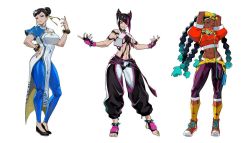Rule 34 | 3girls, abs, arms up, black hair, bracelet, braid, capcom, chinese clothes, chun-li, crop top, dark-skinned female, dark skin, earphones, full body, gradient hair, han juri, jewelry, kimberly jackson, lam (ramdayo), looking at viewer, multicolored hair, multiple girls, navel, outstretched arms, second-party source, shoes, smile, sneakers, spiked bracelet, spikes, stomach, streaked hair, street fighter, street fighter 6, thighs, toned
