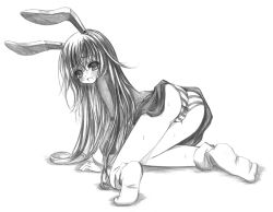 Rule 34 | 1girl, all fours, animal ears, ass, bent over, blush, feet, female focus, full body, greyscale, kurona, monochrome, panties, rabbit ears, reisen udongein inaba, sketch, socks, solo, striped clothes, striped panties, touhou, underwear, white background