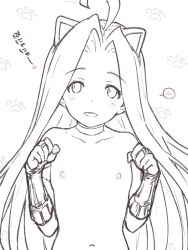 Rule 34 | 1girl, ahoge, bridal gauntlets, collar, collarbone, commentary request, granblue fantasy, hands up, kemonomimi mode, kiikii (kitsukedokoro), lyria (granblue fantasy), monochrome, nipples, nude, parted bangs, paw print, paw print background, solo, spoken blush, translated, upper body