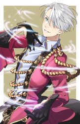 Rule 34 | 10s, 1boy, 92 (artist), black gloves, blue eyes, gloves, hair over one eye, highres, male focus, motion lines, outstretched hand, parted lips, shingeki no bahamut, silver hair, smile, snowflakes, sparkle, standing, twitter username, viktor nikiforov, wide sleeves, yuri!!! on ice