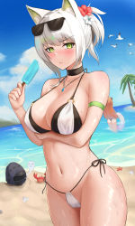 Rule 34 | 1other, 2girls, absurdres, alternate hairstyle, animal ear fluff, animal ears, arknights, arm strap, arm under breasts, ass, bagpipe (arknights), bare shoulders, beach, bikini, black bikini, black choker, blush, breast hold, breasts, buried, cat ears, choker, cleavage, closed mouth, collarbone, cowboy shot, crab, doctor (arknights), eyewear on head, flower, food, giving up the ghost, green eyes, hair flower, hair ornament, highres, holding, holding food, innertube, jewelry, jixo (user nzhc8728), kal&#039;tsit (arknights), large breasts, layered bikini, long hair, looking at viewer, mask, multiple girls, navel, necklace, ocean, orange hair, popsicle, red flower, seashell, shell, short hair, short ponytail, stomach, sunglasses, swim ring, swimsuit, v-shaped eyebrows, very long hair, water, white bikini, white flower