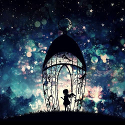 Rule 34 | 1girl, bird, commentary request, crescent moon, dress, fantasy, forest, grass, harada miyuki, highres, hll, moon, nature, night, night sky, original, silhouette, sky, solo, standing, star (sky), starry sky, tree, wings