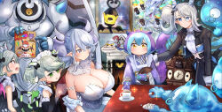 Rule 34 | 1boy, 5girls, absurdres, arianna the labrynth servant, arianne the labrynth servant, arias the labrynth butler, blush, breasts, butler, cleavage, demon girl, demon horns, demon wings, dress, duel monster, female butler, gloves, grey eyes, grey hair, hatano kiyoshi, highres, holding, horns, knight (yu-gi-oh!), labrynth archfiend, labrynth chandraglier, labrynth cooclock, labrynth stovie torbie, lady labrynth of the silver castle, large breasts, laundry dragonmaid, leotard, leotard under clothes, lovely labrynth of the silver castle, low wings, multiple girls, multiple wings, ojou-sama pose, pointy ears, smile, transparent wings, twintails, white hair, white horns, wings, yu-gi-oh!