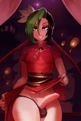Rule 34 | 1girl, chinese clothes, clothes, flat chest, futanari, green eyes, highres, jinx (league of legends), lagalamel, league of legends, looking at viewer, navel, penis, precum, smile, solo, solo focus, tattoo
