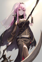 Rule 34 | 1girl, 6mint, absurdres, black dress, black thighhighs, breasts, cape, detached sleeves, dress, highres, hololive, hololive english, long hair, looking at viewer, medium breasts, mori calliope, pink eyes, pink hair, scythe, see-through, see-through sleeves, side slit, single detached sleeve, solo, thighhighs, tiara, veil, virtual youtuber