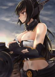 Rule 34 | 10s, 1girl, aira (qwedcxza49), bare shoulders, black gloves, black hair, breasts, cleavage, cloud, cloudy sky, collar, crop top, damaged, elbow gloves, fingerless gloves, gloves, headgear, highres, interlocked fingers, kantai collection, large breasts, leaning on object, long hair, nagato (kancolle), navel, red eyes, sky, smile, smirk, solo, torn clothes, upper body