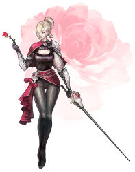 Rule 34 | 1girl, armor, black legwear, black pants, blonde hair, breasts, brown eyes, capelet, cleavage cutout, clothing cutout, flower, full body, hair over one eye, high ponytail, holding, holding flower, holding sword, holding weapon, kyung han kim, lips, looking at another, nose, original, pants, rapier, red flower, red rose, rose, shoulder armor, simple background, single pauldron, solo, pauldrons, sword, taut clothes, thigh gap, weapon, white background