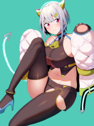 Rule 34 | 1girl, :3, amano don, animal ears, ass, bare shoulders, belt, black panties, black shirt, black skirt, black thighhighs, blue footwear, borrowed character, breasts, collarbone, commentary request, crop top, groin, hair ornament, hairclip, high heels, highres, jacket, knee up, large breasts, long sleeves, looking at viewer, microskirt, midriff, navel, off shoulder, open clothes, open jacket, original, panties, pleated skirt, puffy sleeves, red eyes, revision, shirt, short hair, sidelocks, silver hair, simple background, sitting, skirt, sleeveless, sleeveless shirt, solo, stomach, tail, thighhighs, underwear, white jacket