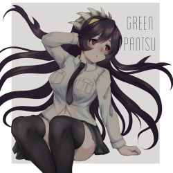 Rule 34 | arm up, artist name, bad id, bad instagram id, black hair, black necktie, black skirt, black thighhighs, border, breast pocket, breasts, collared shirt, extra mouth, eyes visible through hair, feet out of frame, filia (skullgirls), greenpantsu, grey background, invisible chair, large breasts, living hair, long hair, long sleeves, navel, necktie, pocket, prehensile hair, red eyes, samson (skullgirls), shirt, sitting, skirt, skullgirls, solo, thighhighs, very long hair, white border, white shirt, zettai ryouiki