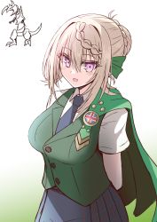 Rule 34 | 1girl, arms behind back, black necktie, blonde hair, blush, braid, braided bun, breasts, cloak, gradient background, green cloak, green ribbon, green vest, hair between eyes, hair bun, hair ribbon, highres, kantai collection, large breasts, looking at viewer, necktie, parted lips, perth (kancolle), pink eyes, plaid, plaid skirt, ribbon, shirt, simple background, sketch, skirt, solo, suke (share koube), vest, white shirt