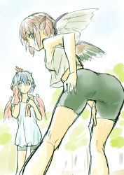 Rule 34 | 2girls, animal ears, ass, bad id, bad pixiv id, bike shorts, blue hair, female focus, from behind, hands on own hips, horns, kneepits, looking back, multicolored hair, multiple girls, mystia lorelei, open mouth, pink eyes, pink hair, red eyes, shiba itsuki, short hair, silver hair, sketch, smile, thigh gap, tokiko (touhou), touhou, towel, two-tone hair, wings
