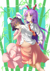 Rule 34 | 2girls, absurdres, animal ears, arm behind head, bamboo, bamboo forest, blush, grabbing another&#039;s breast, breasts, brown hair, rabbit ears, commentary request, dress, forest, frown, grabbing, grabbing from behind, highres, holding own arm, inaba tewi, kuma-ra, long hair, long sleeves, looking at breasts, medium breasts, medium hair, midriff, multiple girls, nature, necktie, partially unbuttoned, pink dress, pink skirt, pleated skirt, puffy short sleeves, puffy sleeves, purple hair, rabbit girl, red eyes, reisen udongein inaba, ribbon-trimmed dress, shaded face, shirt, short sleeves, skirt, small breasts, stomach, surprised, touhou, very long hair, wavy mouth, white shirt, yuri