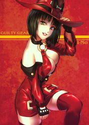Rule 34 | 1girl, arc system works, bad id, bad pixiv id, bare shoulders, black hair, breasts, character name, cleavage, cleavage cutout, clothing cutout, copyright name, fingerless gloves, gloves, guilty gear, hat, heterochromia, highres, i-no, large breasts, looking at viewer, red hat, smile, solo, thighhighs, underboob, yasu8hasu