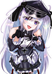 Rule 34 | 1girl, 3kneko, azur lane, bare shoulders, black dress, black gloves, black hair, black hat, black thighhighs, breasts, cross, dress, elbe (azur lane), fang, from above, gloves, hat, iron cross, light purple hair, long hair, looking at viewer, looking up, medium breasts, multicolored hair, open mouth, peaked cap, purple eyes, simple background, skin fang, solo, streaked hair, thighhighs, two-tone hair, very long hair, white background