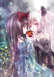 Rule 34 | 2girls, apple, black bow, black dress, black hair, blonde hair, blue dress, bow, bracelet, choker, circlet, commentary request, detached sleeves, dress, face-to-face, food, frilled choker, frills, fruit, hair bow, himemurasaki, holding, holding food, holding fruit, jewelry, long hair, looking at another, multiple girls, necklace, original, parted lips, red bow, red eyes, ribbon, snow white, snow white and the seven dwarfs, strapless, strapless dress, striped ribbon, yuri