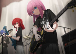 Rule 34 | 3girls, amplifier, black shirt, black skirt, black wristband, blue eyes, blue hair, blurry, blush, bocchi the rock!, bottle, cable, closed mouth, commentary, cowboy shot, depth of field, electric guitar, gotoh hitori, guitar, hair between eyes, hair over one eye, highres, holding, holding bottle, holding instrument, holding plectrum, instrument, kita ikuyo, long bangs, long hair, looking at another, looking at object, microphone, microphone stand, mole, mole under eye, multiple girls, music, nekoreito, one side up, pink hair, playing instrument, pleated skirt, plectrum, red hair, shirt, short hair, short sleeves, skirt, smile, sweat, t-shirt, white skirt, wristband, yamada ryo, yellow eyes