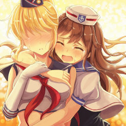 Rule 34 | 2girls, arm around shoulder, blonde hair, blush, brown hair, crying, elbow gloves, closed eyes, gloves, hornet (warship girls r), hug, hug from behind, multiple girls, no eyes, northampton (warship girls r), open mouth, tears, warship girls r, yuemanhuaikong