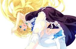 Rule 34 | between legs, blonde hair, blue eyes, blush, boots, breasts, cleavage, dress, earrings, erika anders, floating hair, garter straps, hand between legs, high heels, jewelry, large breasts, long hair, mizunezumi, non-web source, official art, open mouth, photoshop (medium), re;lord dai san shou, star (symbol), star earrings, thigh boots, torn clothes, transparent background