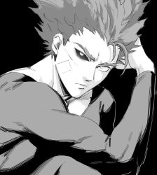 Rule 34 | 1boy, absurdres, arm on knee, arm rest, bandaid, bandaid on face, bodysuit, closed mouth, collarbone, colored sclera, dudlesnoodles, garou (one-punch man), greyscale, highres, knee up, long sleeves, looking at viewer, male focus, monochrome, muscular, muscular male, one-punch man, pointy hair, skin tight, solo, upper body
