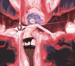 Rule 34 | 1girl, b.d, bat wings, black panties, black thighhighs, breasts, dated, fangs, female focus, garter belt, hat, highres, lingerie, navel, nipples, open mouth, outstretched arms, panties, panties only, pointy ears, purple hair, red eyes, remilia scarlet, short hair, signature, small breasts, solo, spell card, spread arms, thighhighs, topless, touhou, underwear, underwear only, wings