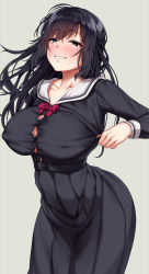 Rule 34 | 1girl, absurdres, belt, black belt, black dress, black eyes, black hair, bow, bowtie, breasts, button gap, clenched teeth, collarbone, covered erect nipples, dress, grey background, highres, jack dempa, large breasts, long hair, long sleeves, looking at viewer, miyamae shiho (jack dempa), mole, mole under eye, original, red bow, red bowtie, sailor collar, sailor dress, school uniform, simple background, smile, solo, teeth, white sailor collar