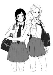 Rule 34 | 2girls, absurdres, bag, breast pocket, closed mouth, collared shirt, contrapposto, cowboy shot, cropped legs, greyscale, highres, long hair, looking at viewer, low twintails, monochrome, multiple girls, necktie, original, parted lips, pleated skirt, pocket, school bag, school uniform, shirt, short hair, simple background, skirt, smile, standing, twintails, vice (kuronekohadokoheiku), white background