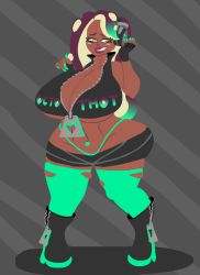 Rule 34 | b0nf1r3, blush, boots, breasts, cleavage, dark skin, fingerless gloves, gloves, huge breasts, marina (splatoon), nail polish, navel piercing, nintendo, octoling, piercing, splatoon (series), splatoon 2, tentacle hair, thick thighs, thighhighs, thighs, thong, wide hips