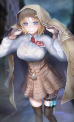 Rule 34 | 1girl, absurdres, blonde hair, blue eyes, bra, breasts, coat, coat on shoulders, collared shirt, grin, hair ornament, hands up, high-waist skirt, highres, hololive, hololive english, hood, hood up, hooded coat, kneehighs, large breasts, long sleeves, looking at viewer, medium hair, miniskirt, necktie, nelly (altsarespicy), outdoors, over-kneehighs, plaid, plaid skirt, pocket watch, rain, raincoat, see-through, shirt, short necktie, skirt, smile, socks, solo, syringe, syringe holster, thighhighs, underwear, virtual youtuber, watch, water, watson amelia, wet, wet clothes, wet hair, wet shirt, white shirt, wing collar